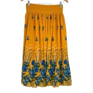 Metrowear Floral Pleated Yellow Boho‎ Cottage Core Midi Pull On Skirt Medium